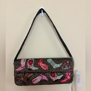 VIRAL BEADED BAG - Western Cowboy Boots Print Flap Shoulder Bag - NWT!!